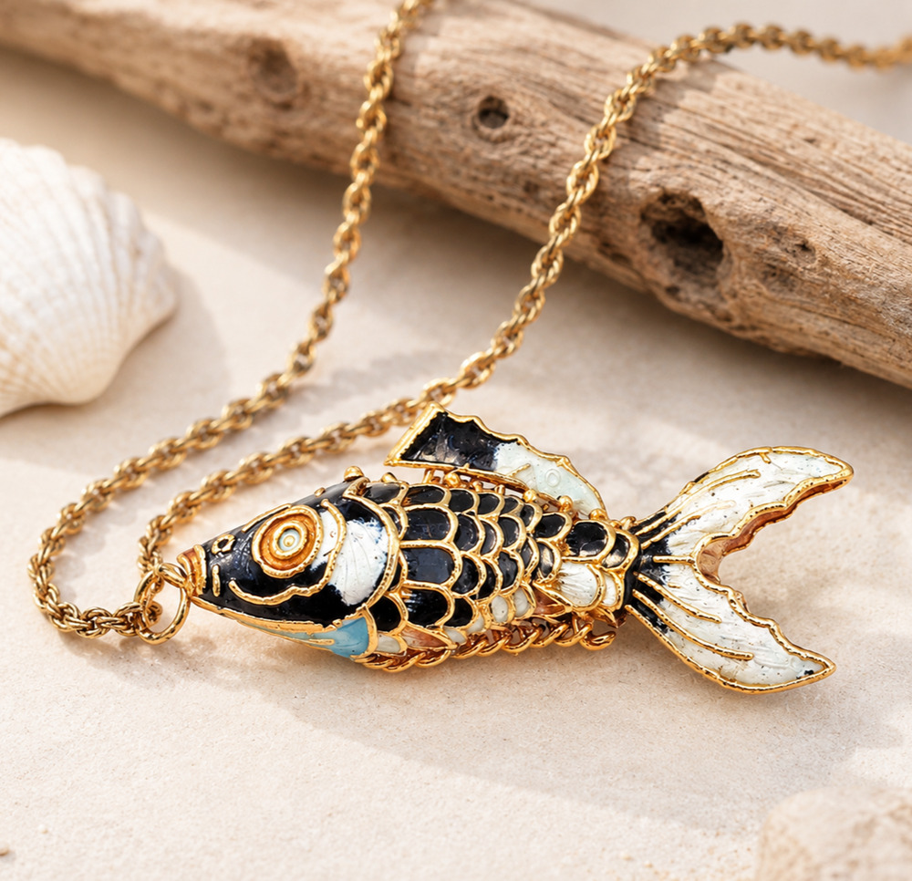 Vintage Cloisonne Articulated Fish Necklace 925 Italy Gold Vermeil Rope Chain 30